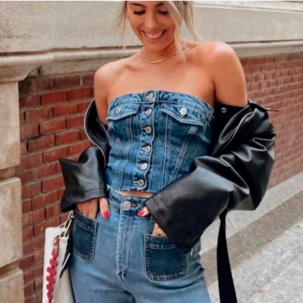 Zara Blogger Favorite Blue Denim Bustier Crop Top Large